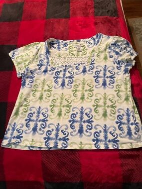 Caribbean Joe White Short Sleeve Top with Blue & Green Print